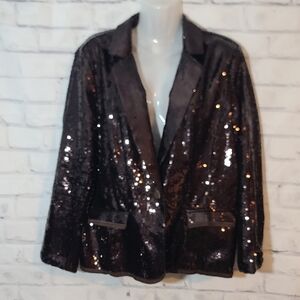 Chicos Sequin Chocolate Brown Tuxedo Blazer Jacket Large